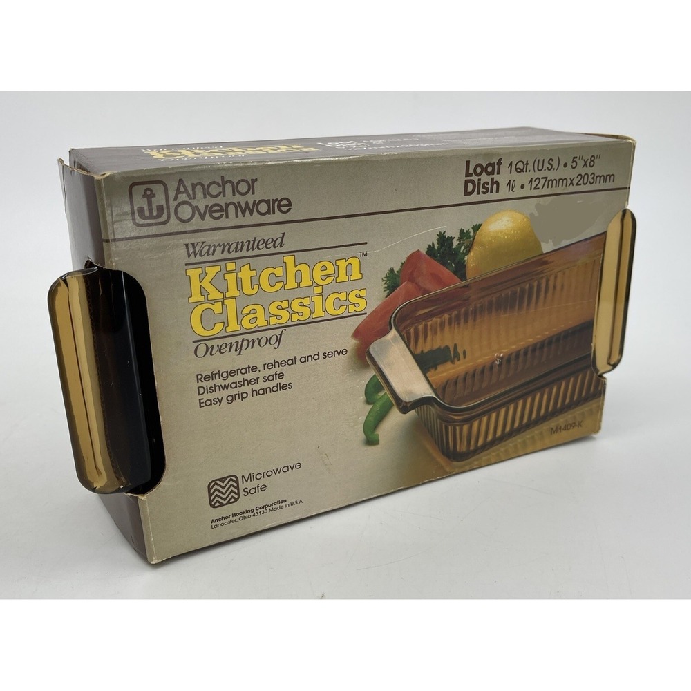Anchor Glass 9" x 5" Bread Loaf Pan M1409-K Amber 1 Quart NIB New NOS Vintage